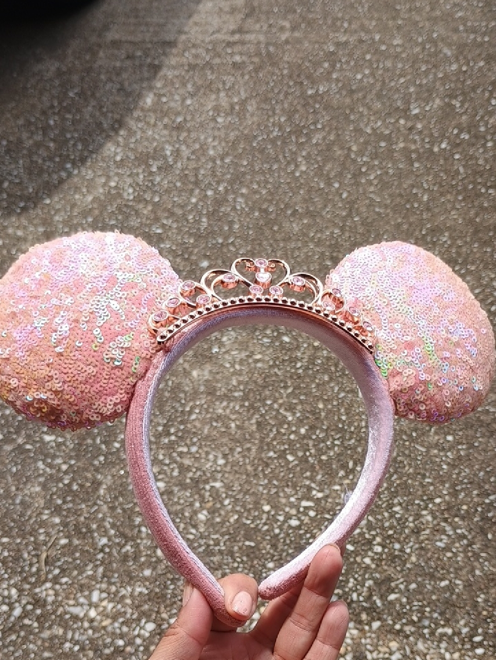Pink Sequin Minnie-Style Ear Headband with Rose Gold Tiara